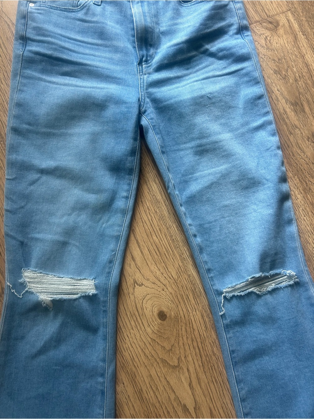 PAIGE Light Blue Flare Jeans with Knee Rips